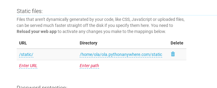 screenshot of web tab static files config section with url and path correctly filled in